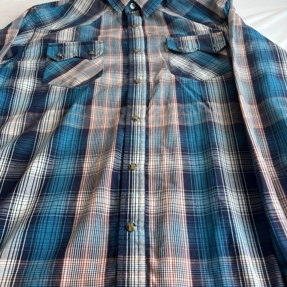 Men's Levi Western Cowboy Blue Plaid Pearl Snap Button Down M Standard Fit Shirt